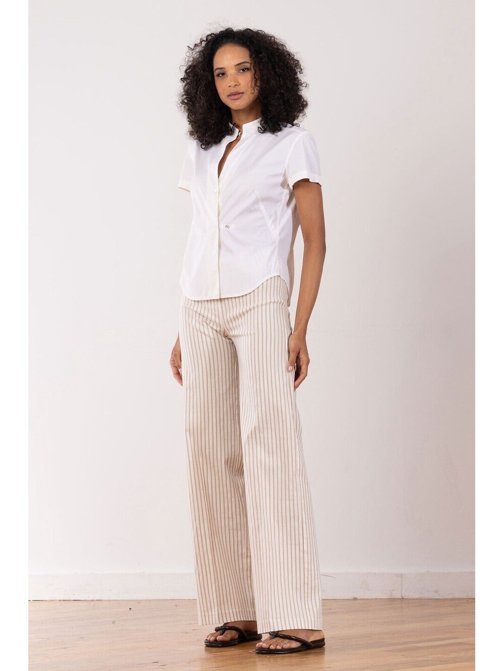 Avenue Montaigne Flavia Linen Bistro Beige Striped Wide Legs Pants Size 4 Petite